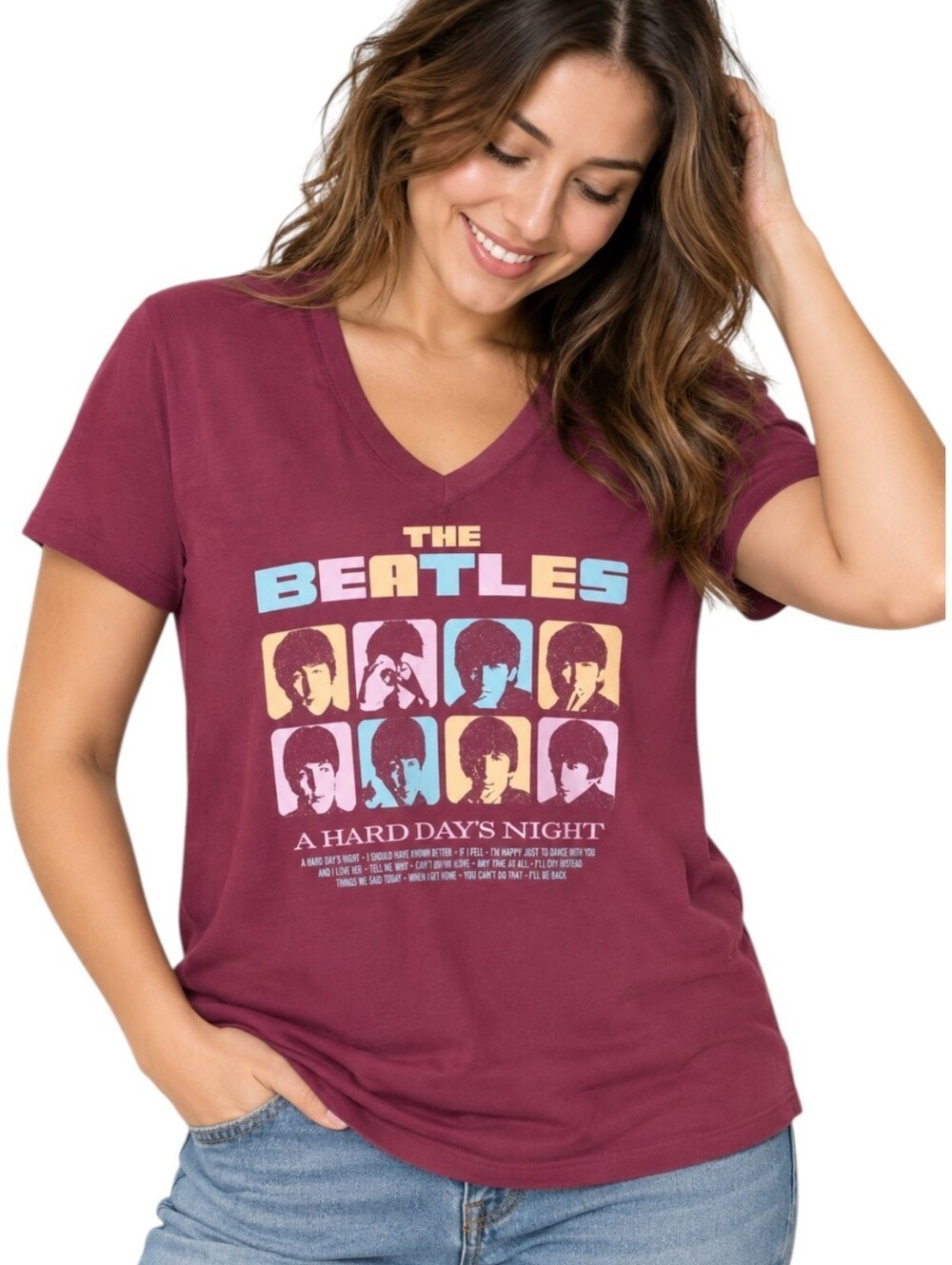 New Torrid The Beatles A Hard Day’s Night Magenta V-Neck Tee Size M/Large